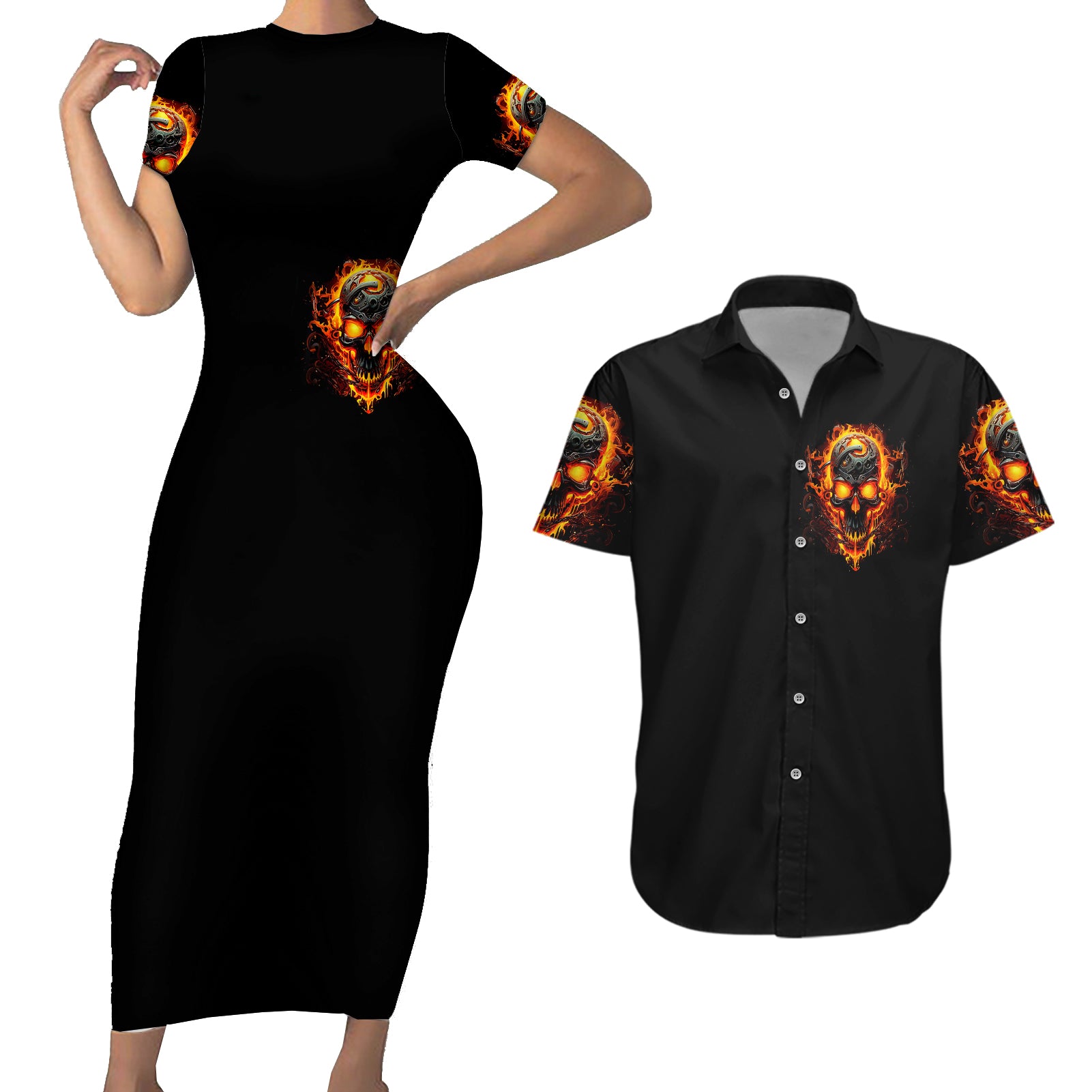 Flame Skull Couples Matching Short Sleeve Bodycon Dress and Hawaiian Shirt I Can Fix Stupid But That Hurt - Wonder Print Shop