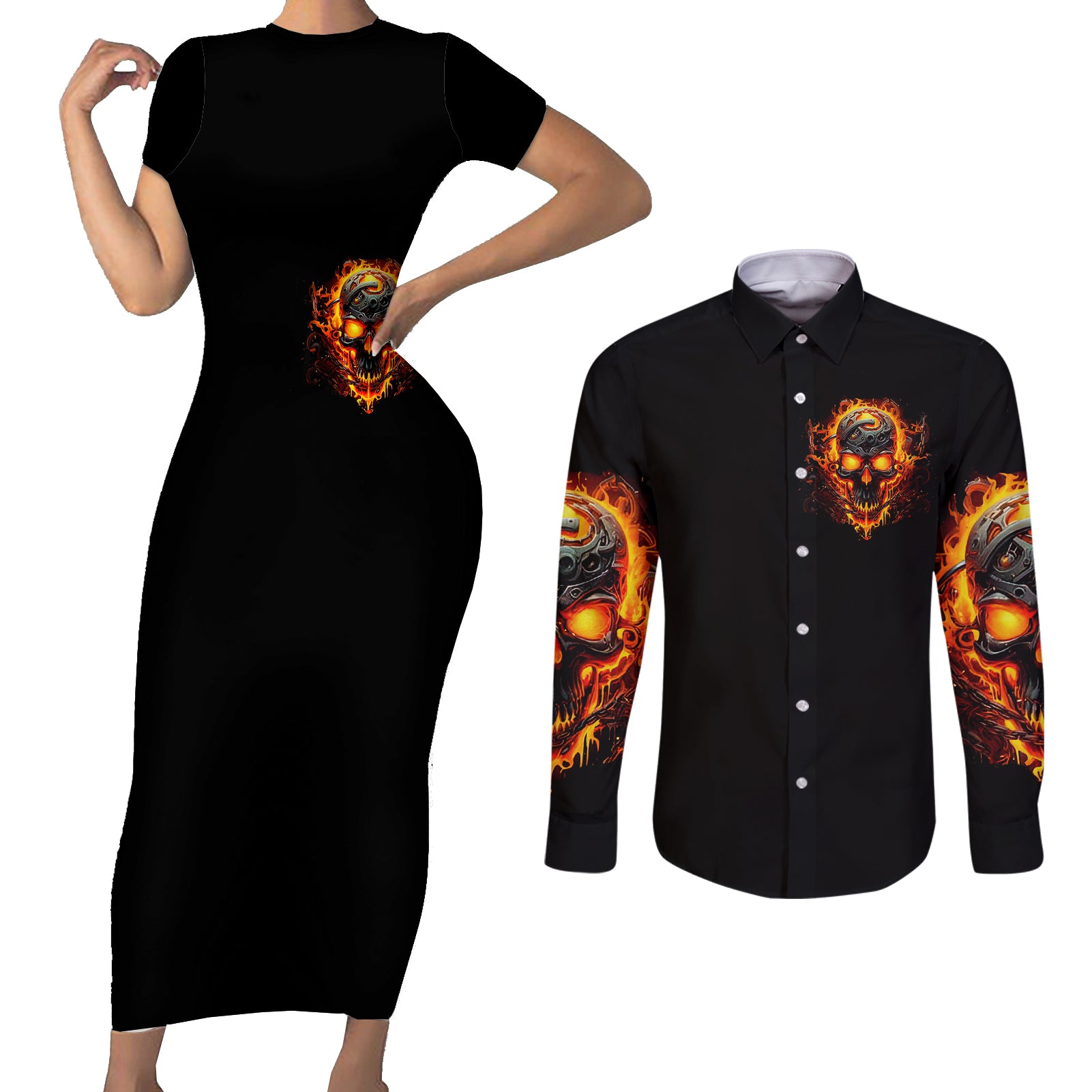 Flame Skull Couples Matching Short Sleeve Bodycon Dress and Long Sleeve Button Shirts I Can Fix Stupid But That Hurt - Wonder Print Shop