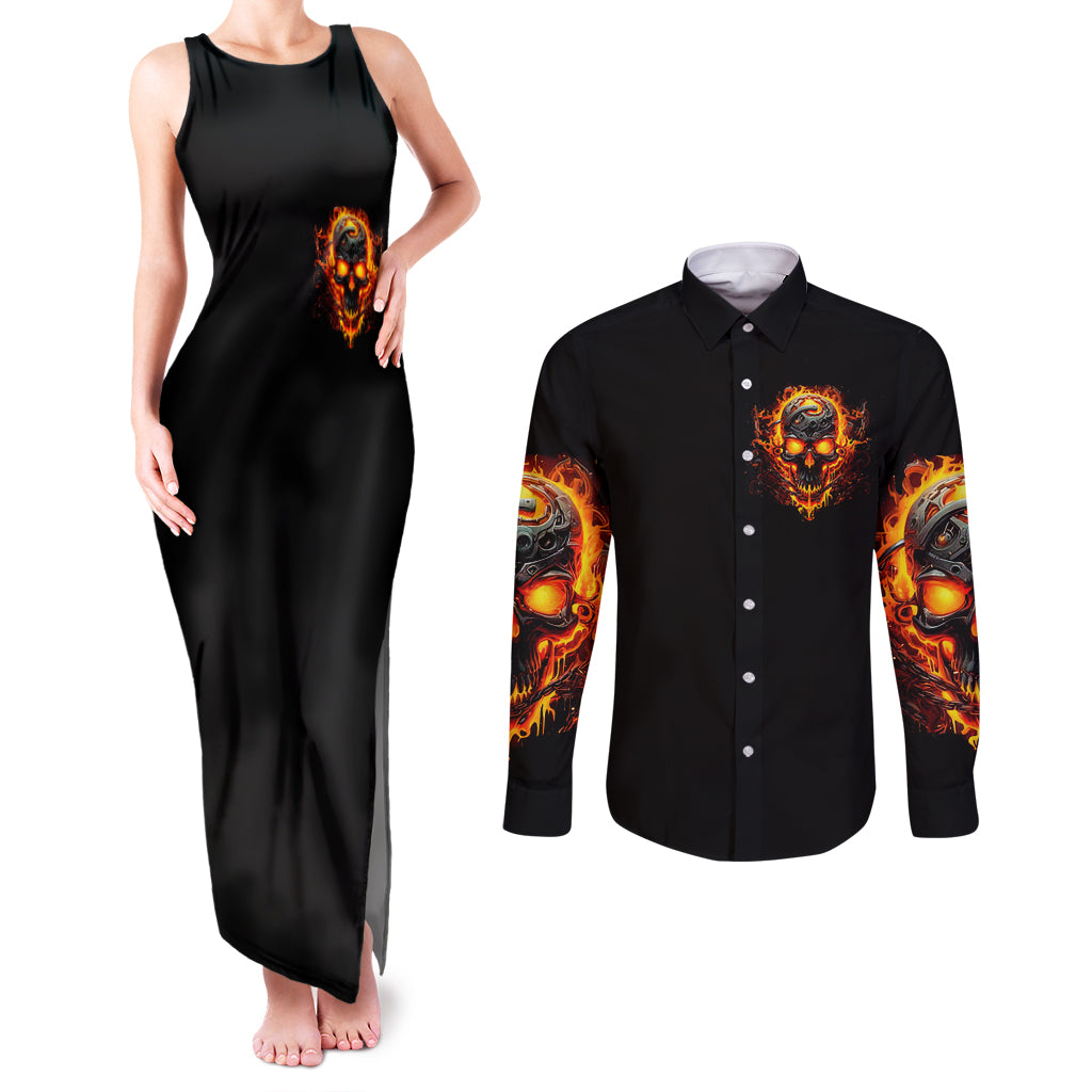 Flame Skull Couples Matching Tank Maxi Dress and Long Sleeve Button Shirts I Can Fix Stupid But That Hurt - Wonder Print Shop