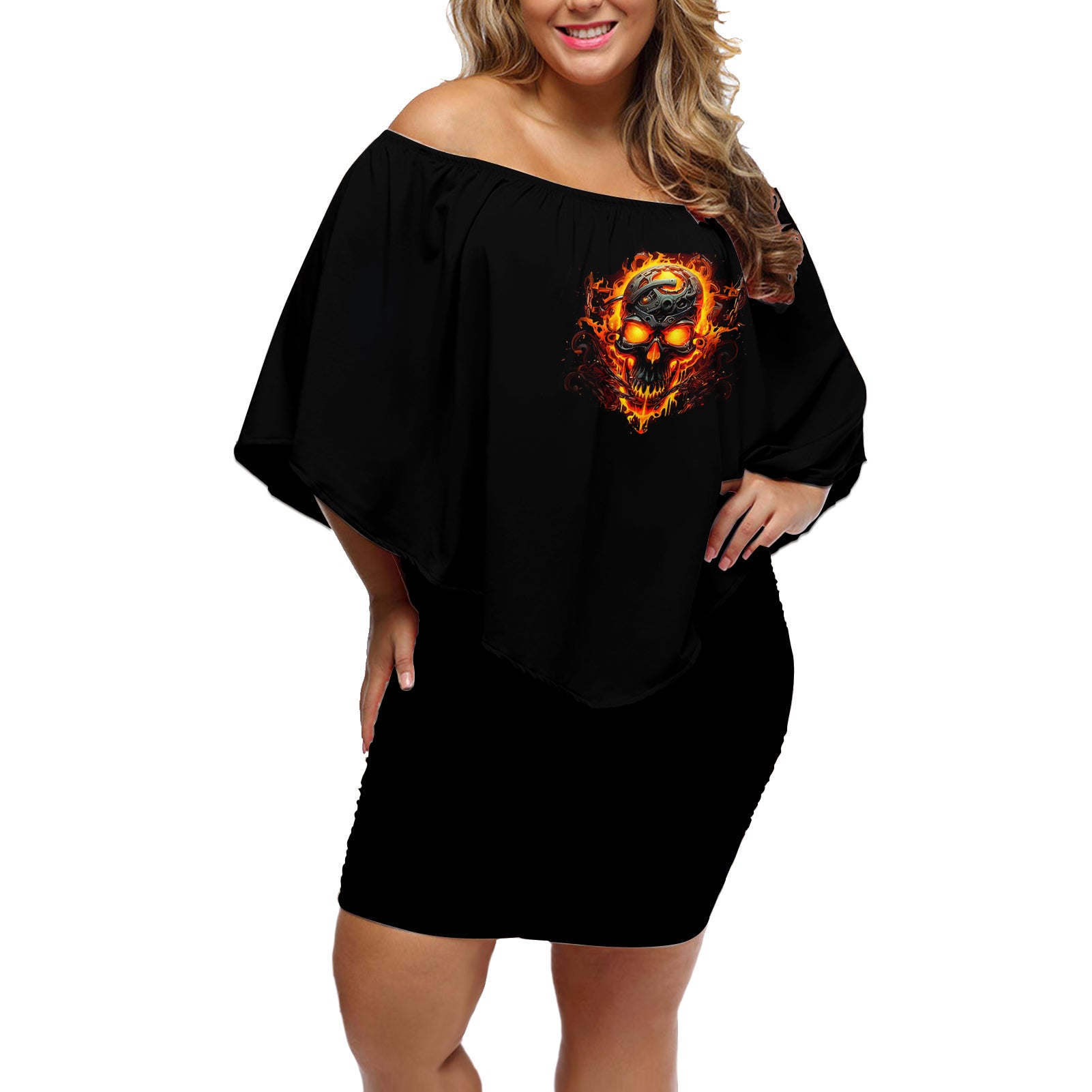 Flame Skull Off Shoulder Short Dress I Can Fix Stupid But That Hurt - Wonder Print Shop