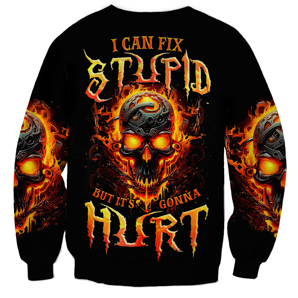 Black unisex sweatshirt with back flame skull and slogan text graphic