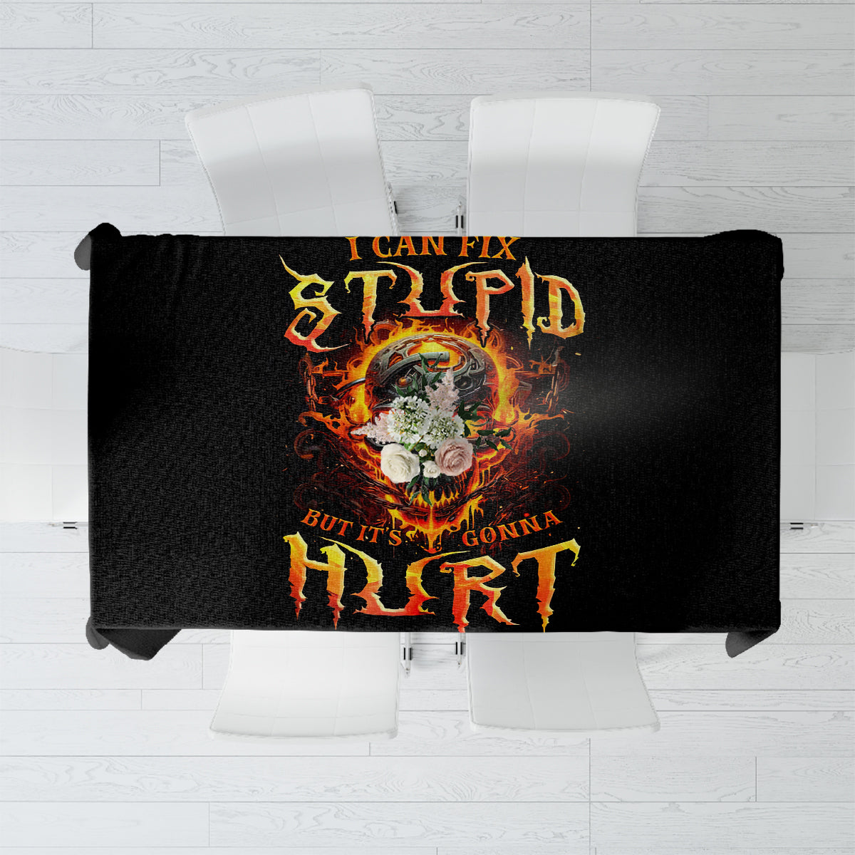 Black flame skull tablecloth with fiery text graphic across the center