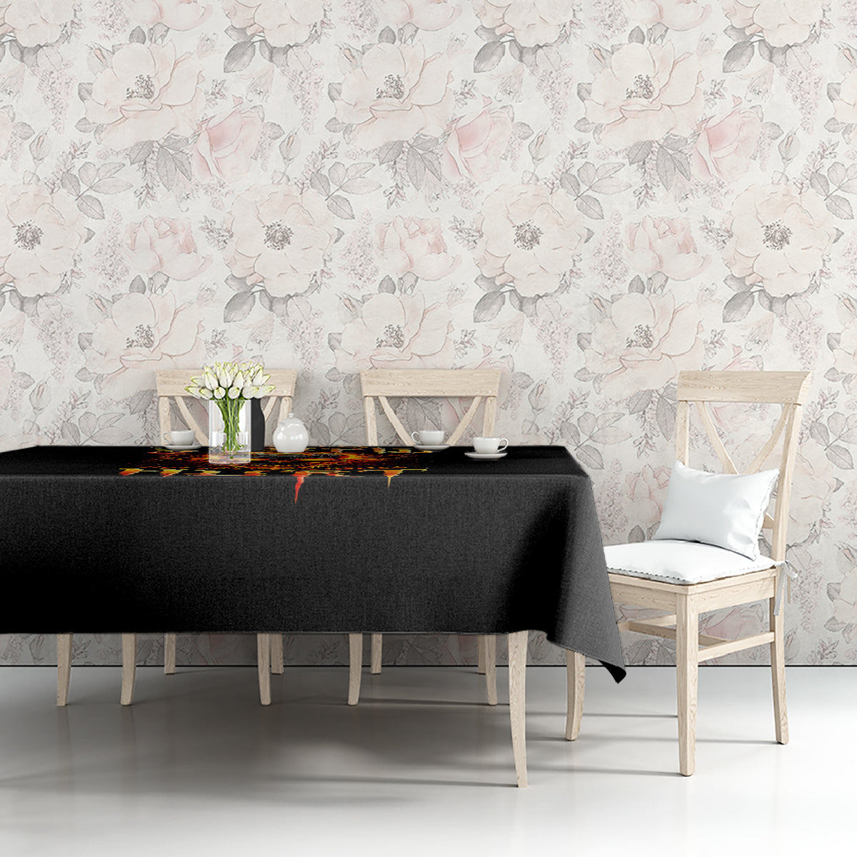 Black flame skull tablecloth with fiery design on a long dining table top