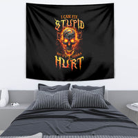 Black square wall tapestry with fiery skull graphic and distressed lettering