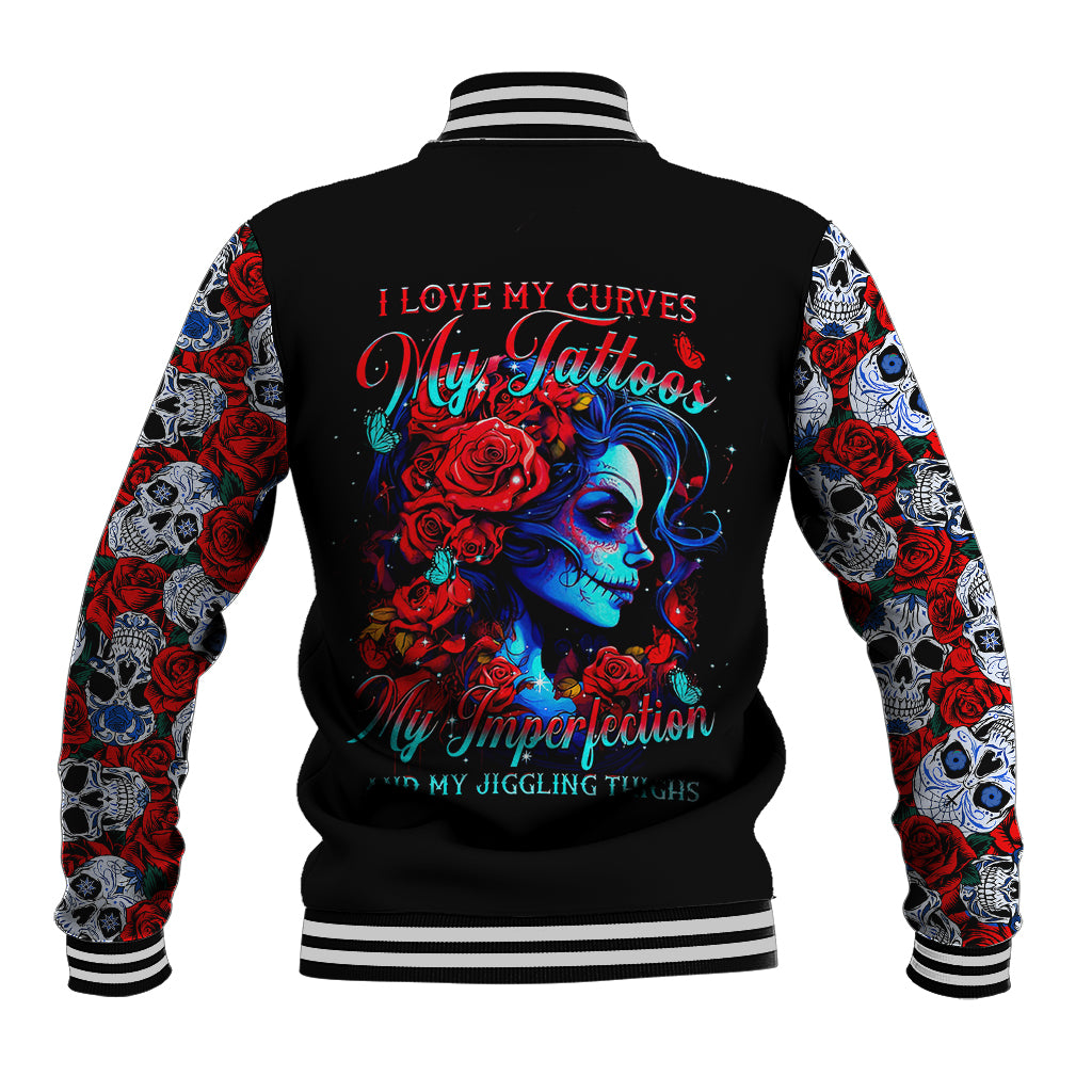 Skull Rose Baseball Jacket I Love My Curve My Tattoo My Imperfection - Wonder Print Shop