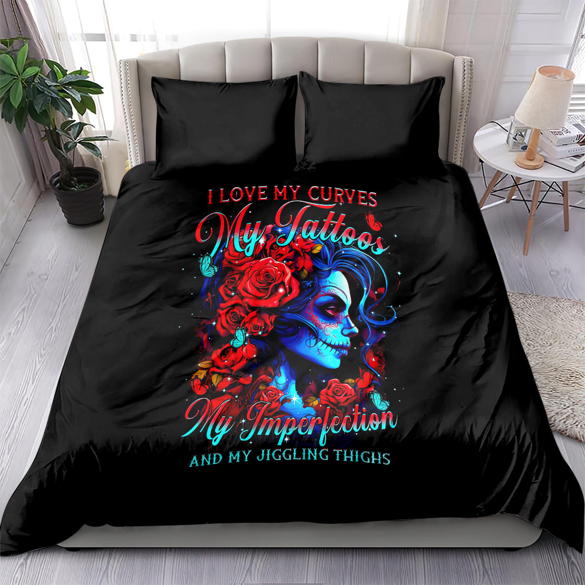 Black duvet cover bedding set with two pillows, skull and roses graphic