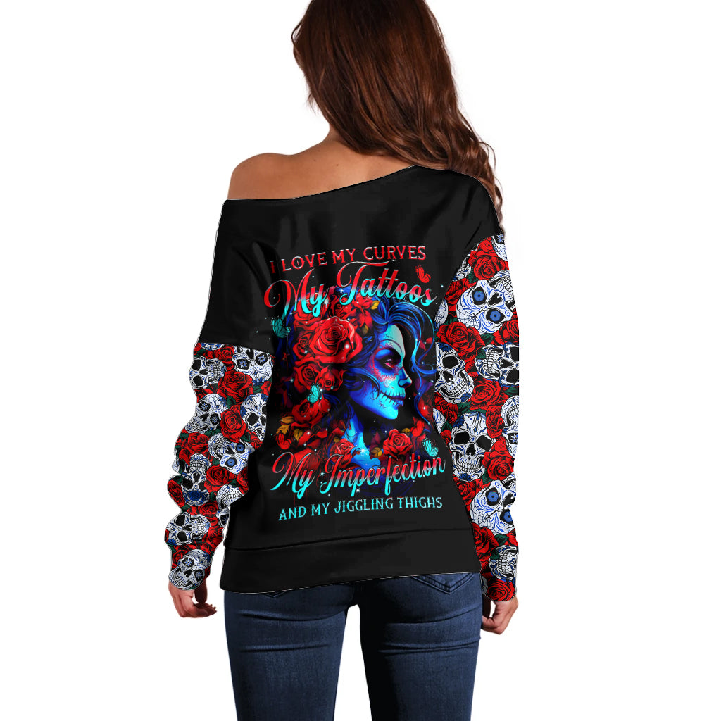 Skull Rose Off Shoulder Sweater I Love My Curve My Tattoo My Imperfection - Wonder Print Shop