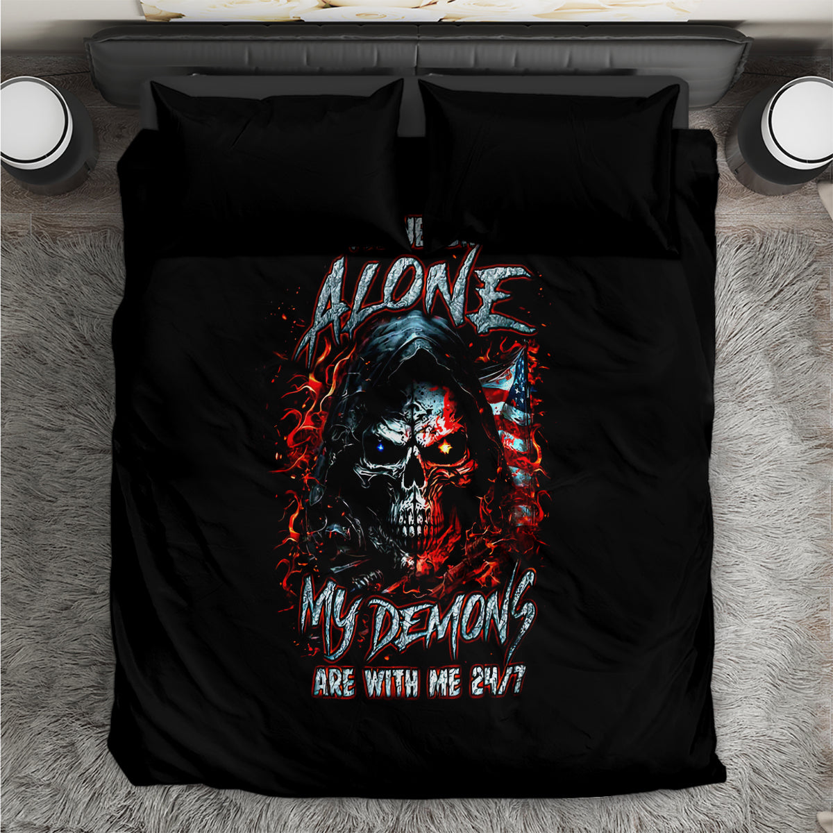 Black duvet cover and pillowcases with large demon skull artwork, centered view