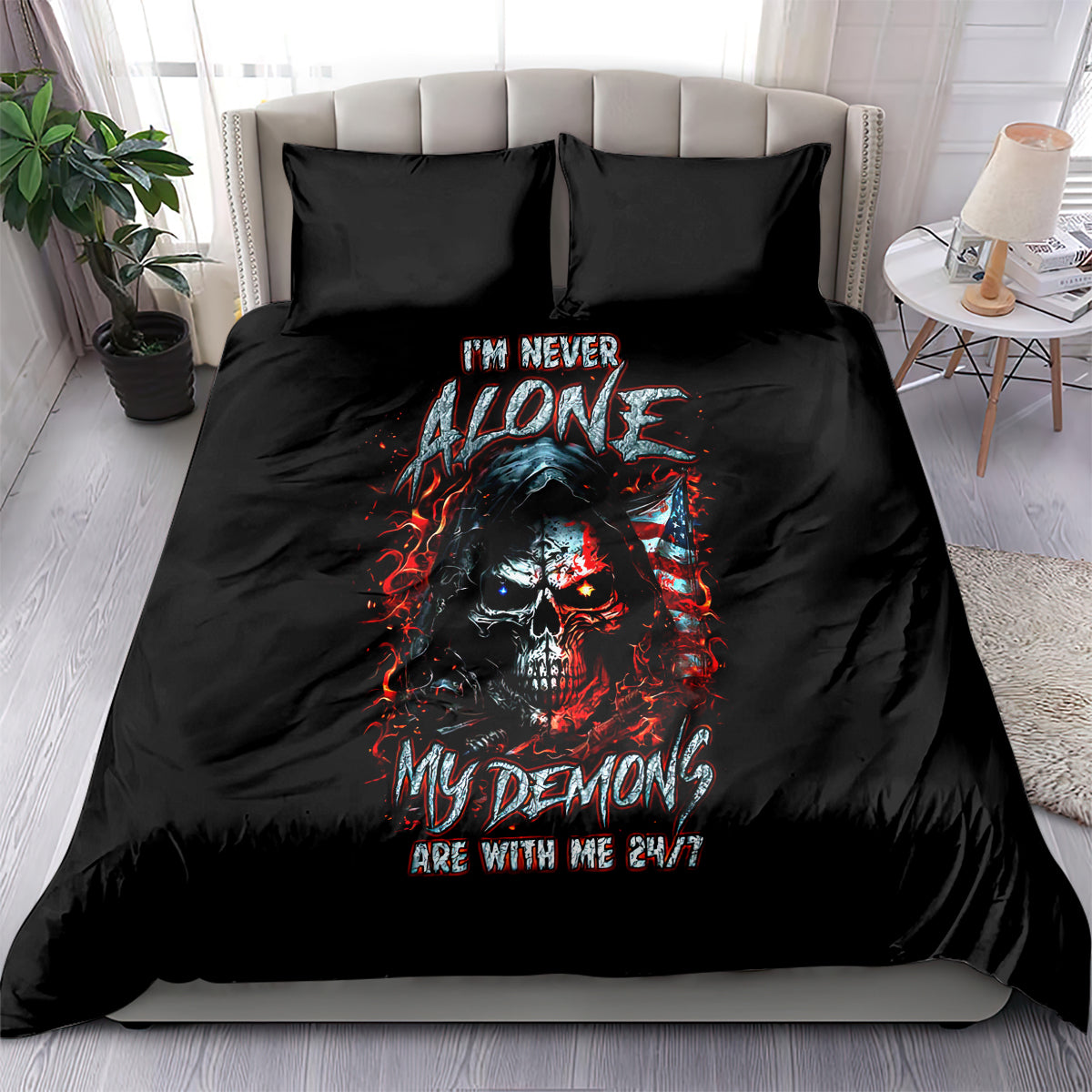 Black duvet cover bedding set with demon skull graphic and two matching pillowcases