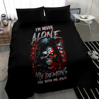 Black bedding set with demon skull print, two pillows and duvet spread on rug