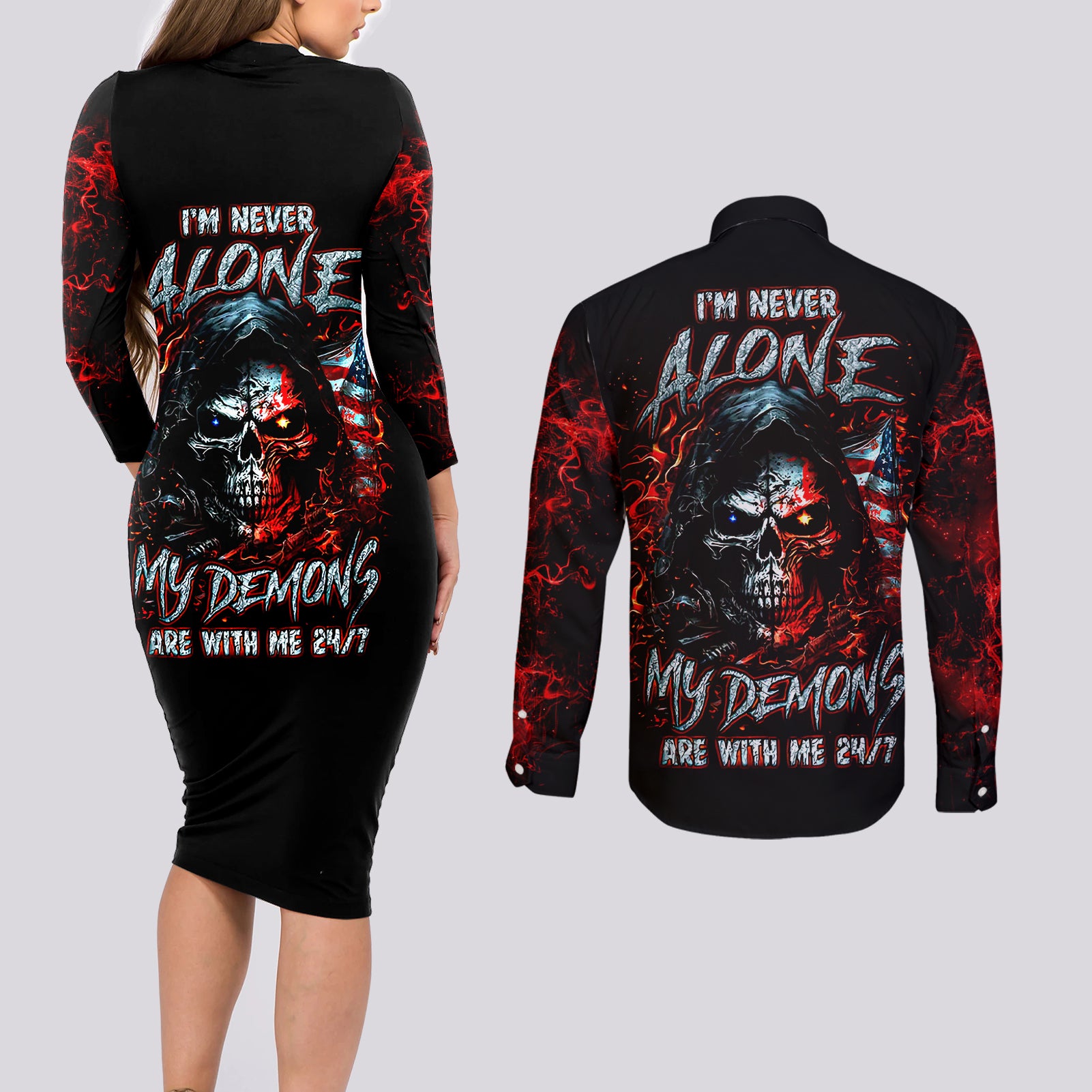 Blood Skull Couples Matching Long Sleeve Bodycon Dress and Long Sleeve Button Shirts I Never Alone My Demon With Me 24/7 - Wonder Print Shop