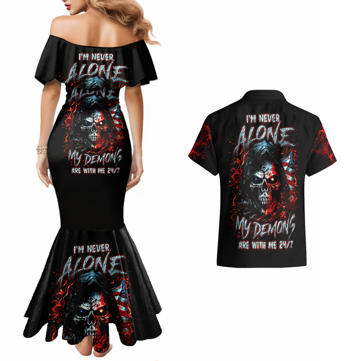 Blood Skull Couples Matching Mermaid Dress and Hawaiian Shirt I Never Alone My Demon With Me 24/7 - Wonder Print Shop