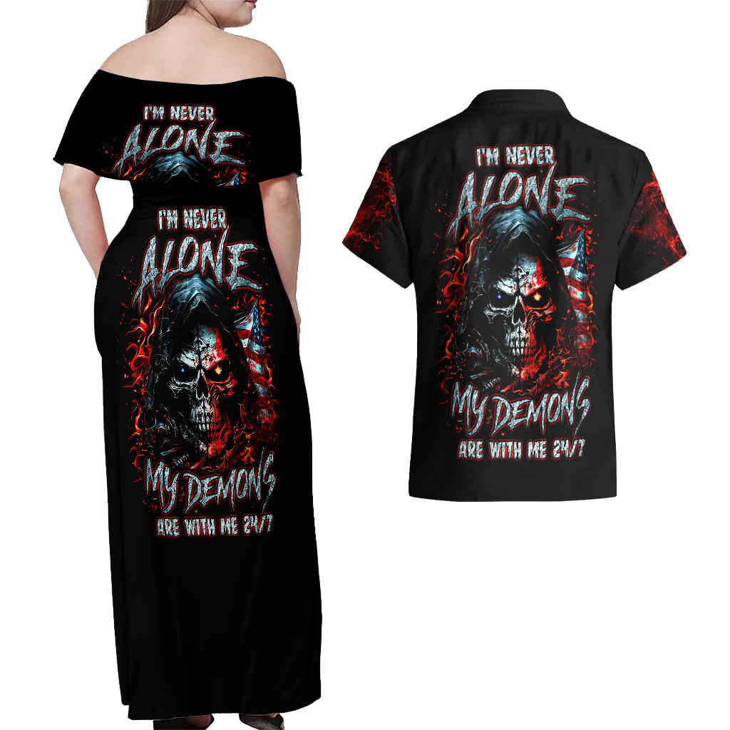 Blood Skull Couples Matching Off Shoulder Maxi Dress and Hawaiian Shirt I Never Alone My Demon With Me 24/7 - Wonder Print Shop