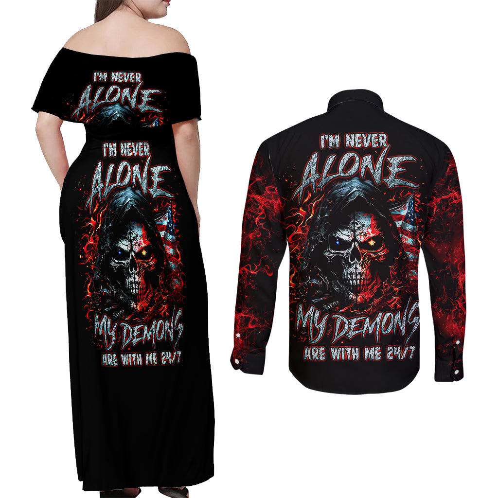 Blood Skull Couples Matching Off Shoulder Maxi Dress and Long Sleeve Button Shirts I Never Alone My Demon With Me 24/7 - Wonder Print Shop