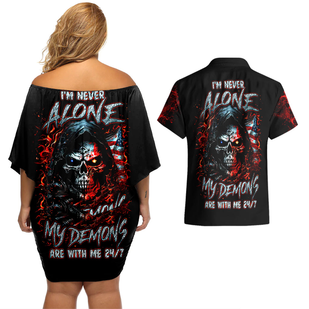 Blood Skull Couples Matching Off Shoulder Short Dress and Hawaiian Shirt I Never Alone My Demon With Me 24/7 - Wonder Print Shop