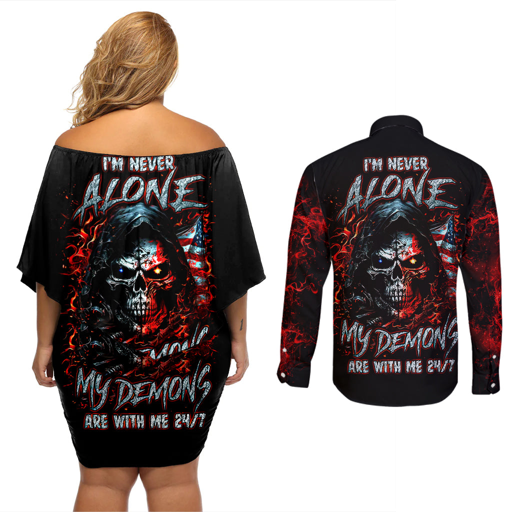 Blood Skull Couples Matching Off Shoulder Short Dress and Long Sleeve Button Shirts I Never Alone My Demon With Me 24/7 - Wonder Print Shop