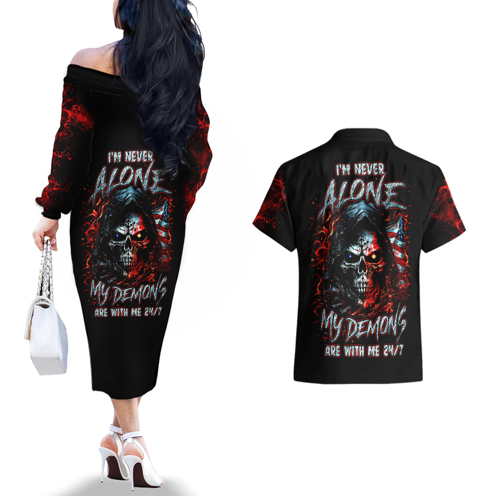 Blood Skull Couples Matching Off The Shoulder Long Sleeve Dress and Hawaiian Shirt I Never Alone My Demon With Me 24/7 - Wonder Print Shop