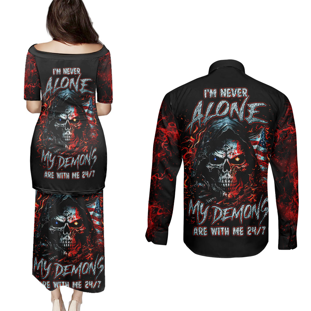 Blood Skull Couples Matching Puletasi Dress and Long Sleeve Button Shirts I Never Alone My Demon With Me 24/7 - Wonder Print Shop