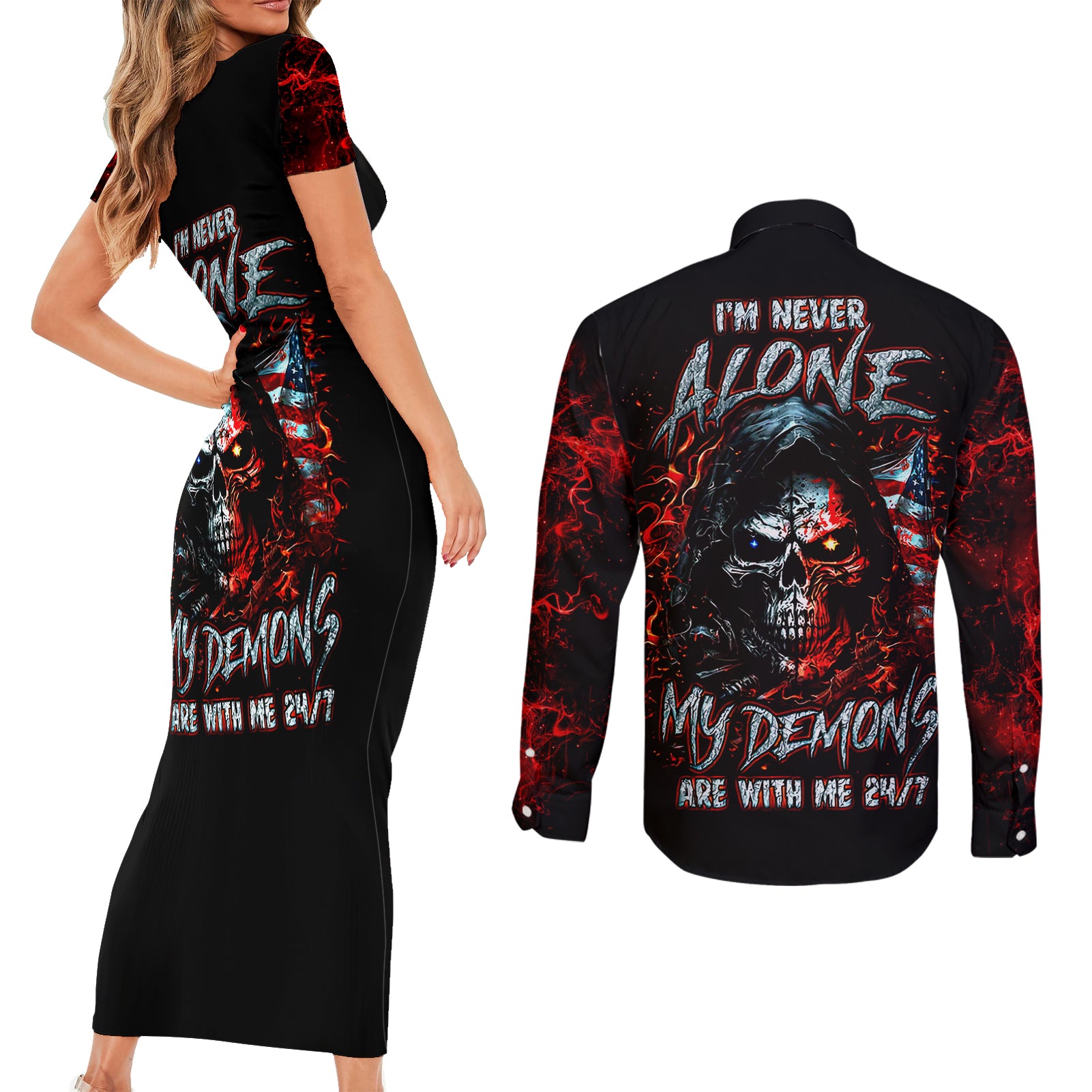 Blood Skull Couples Matching Short Sleeve Bodycon Dress and Long Sleeve Button Shirts I Never Alone My Demon With Me 24/7 - Wonder Print Shop