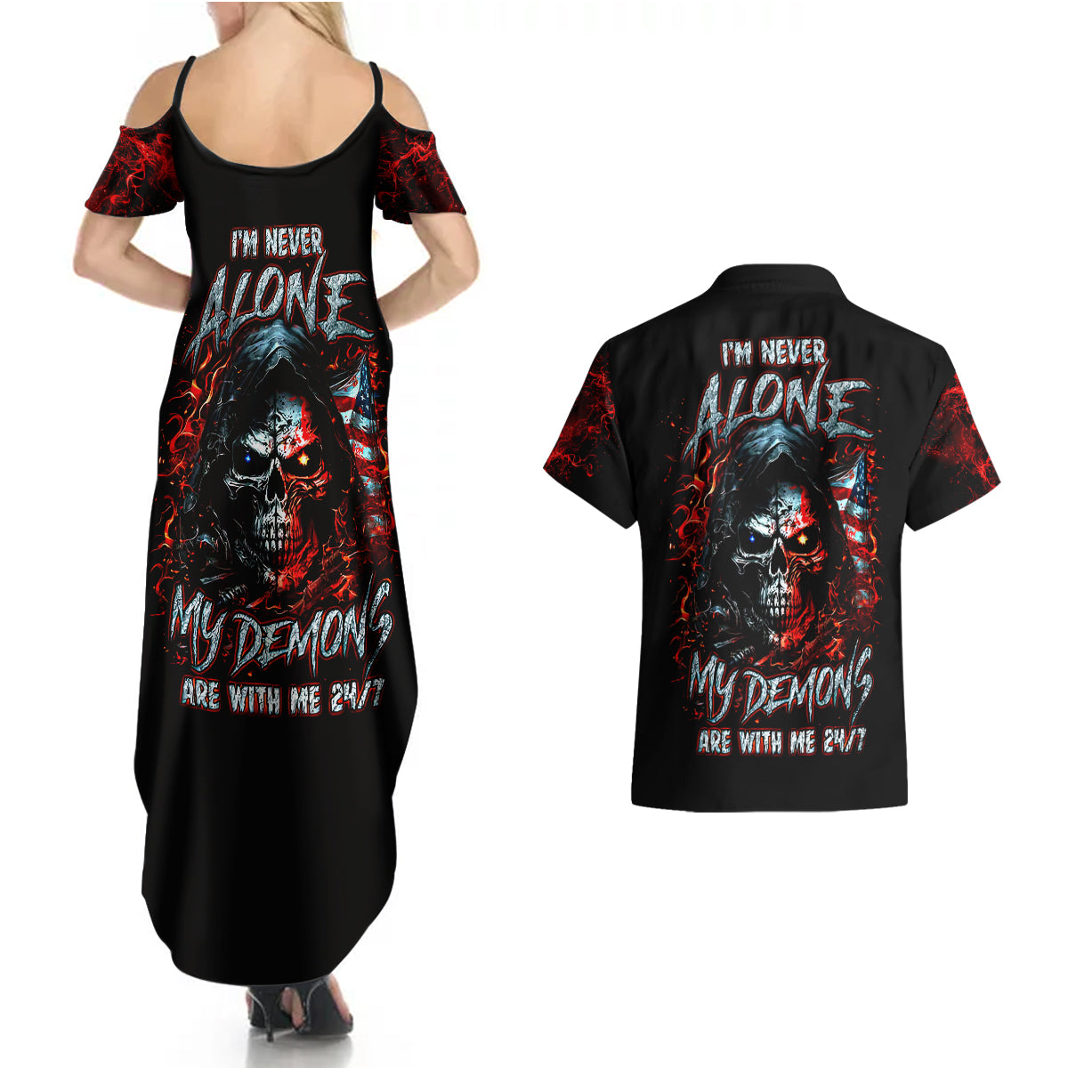 Blood Skull Couples Matching Summer Maxi Dress and Hawaiian Shirt I Never Alone My Demon With Me 24/7 - Wonder Print Shop