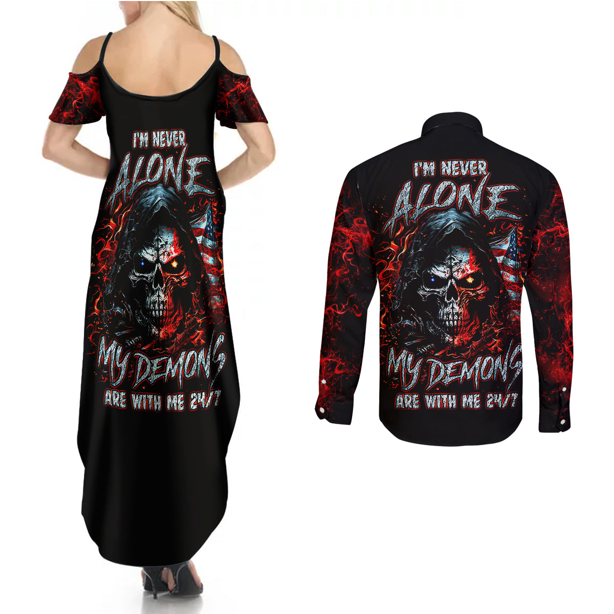 Blood Skull Couples Matching Summer Maxi Dress and Long Sleeve Button Shirts I Never Alone My Demon With Me 24/7 - Wonder Print Shop