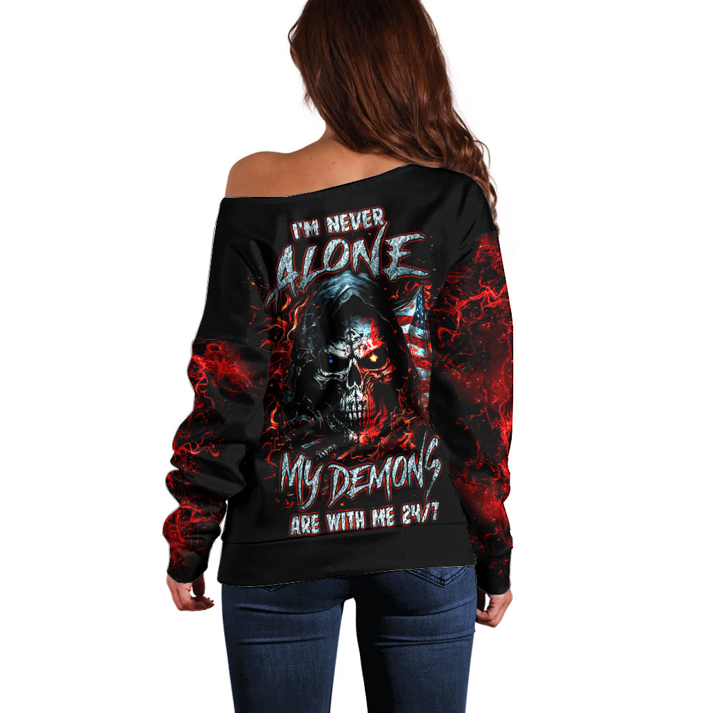 Blood Skull Off Shoulder Sweater I Never Alone My Demon With Me 24/7 - Wonder Print Shop