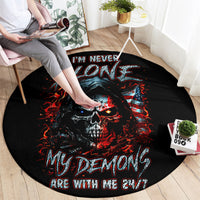 Round black area rug with demon skull graphic and red flame text design