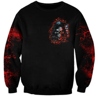 Black unisex sweatshirt with small skull demon logo, red splatter and crackle sleeves