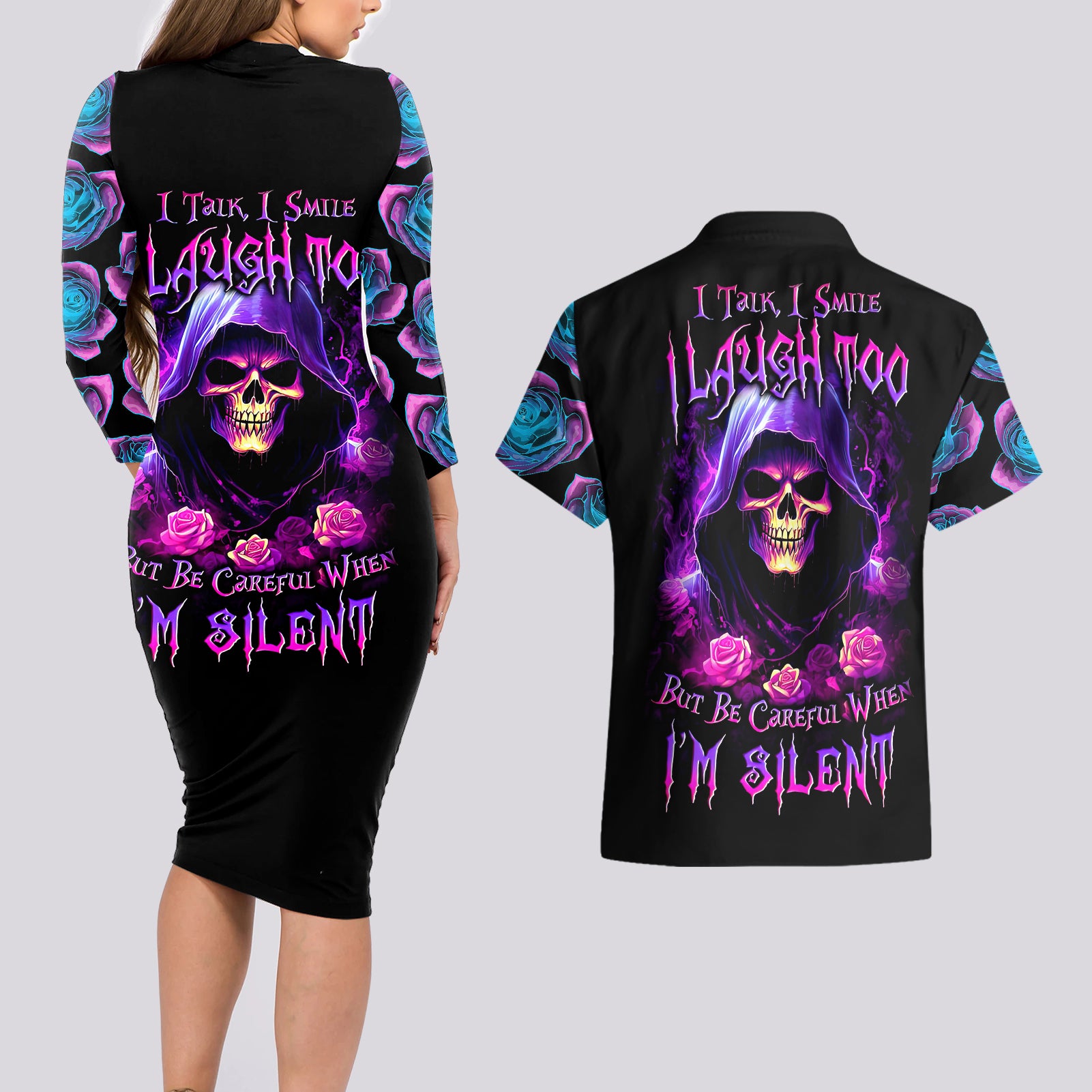 Purple Skull Couples Matching Long Sleeve Bodycon Dress and Hawaiian Shirt I Talk I Smile But Be Carefull When I SIlent - Wonder Print Shop