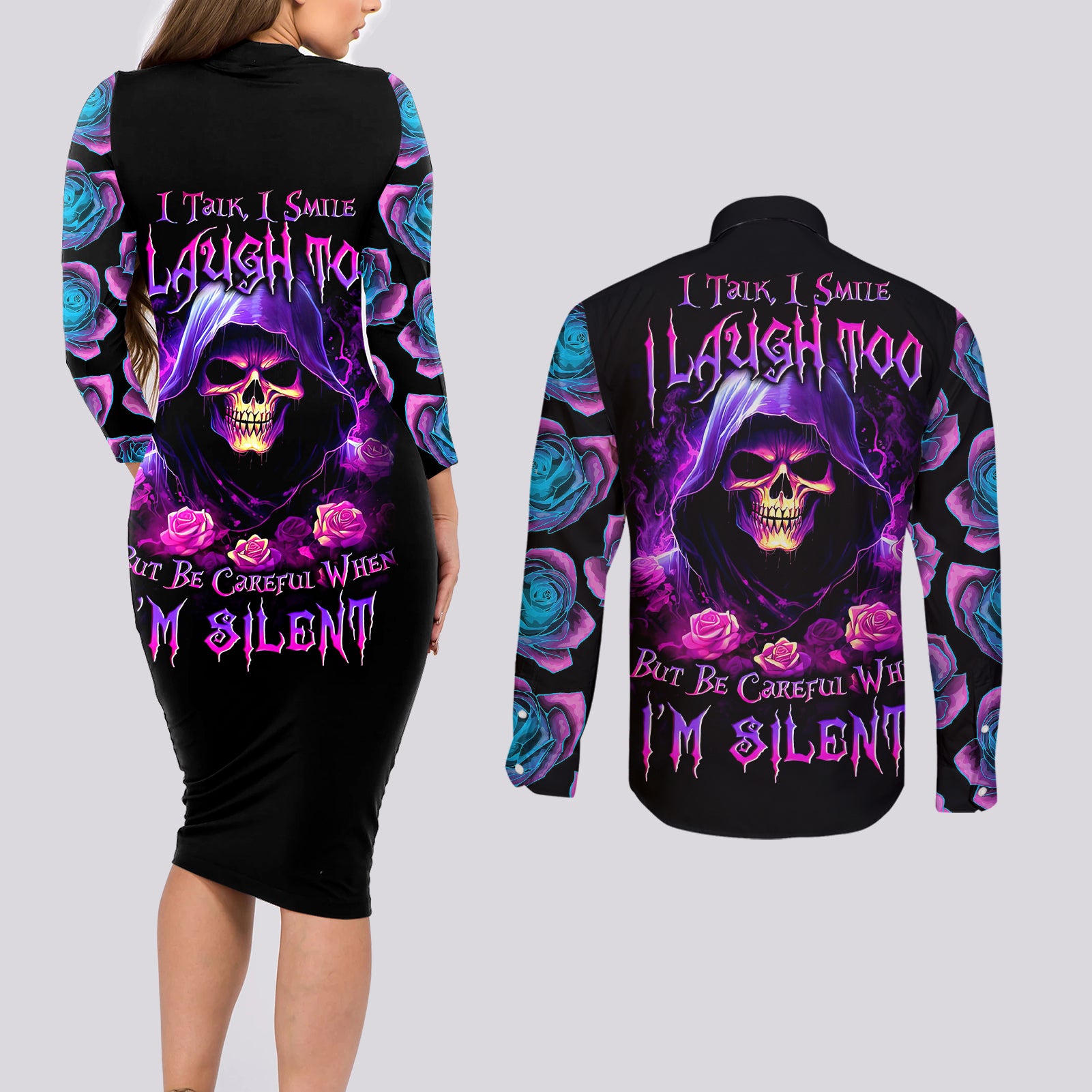 Purple Skull Couples Matching Long Sleeve Bodycon Dress and Long Sleeve Button Shirts I Talk I Smile But Be Carefull When I SIlent - Wonder Print Shop