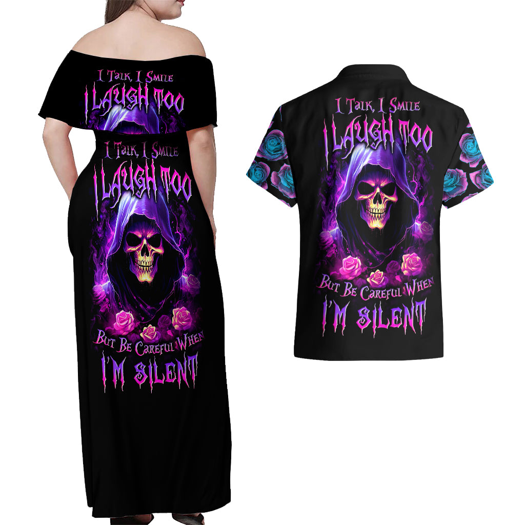 Purple Skull Couples Matching Off Shoulder Maxi Dress and Hawaiian Shirt I Talk I Smile But Be Carefull When I SIlent - Wonder Print Shop