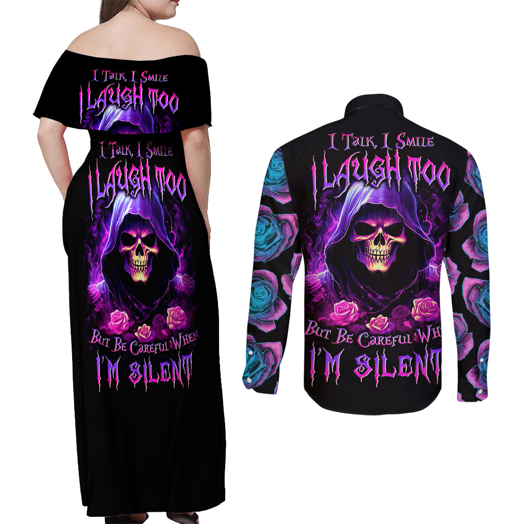 Purple Skull Couples Matching Off Shoulder Maxi Dress and Long Sleeve Button Shirts I Talk I Smile But Be Carefull When I SIlent - Wonder Print Shop