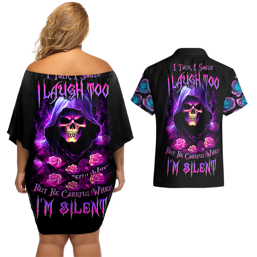 Purple Skull Couples Matching Off Shoulder Short Dress and Hawaiian Shirt I Talk I Smile But Be Carefull When I SIlent - Wonder Print Shop