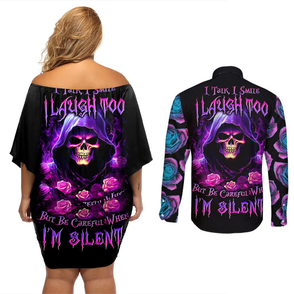 Purple Skull Couples Matching Off Shoulder Short Dress and Long Sleeve Button Shirts I Talk I Smile But Be Carefull When I SIlent - Wonder Print Shop