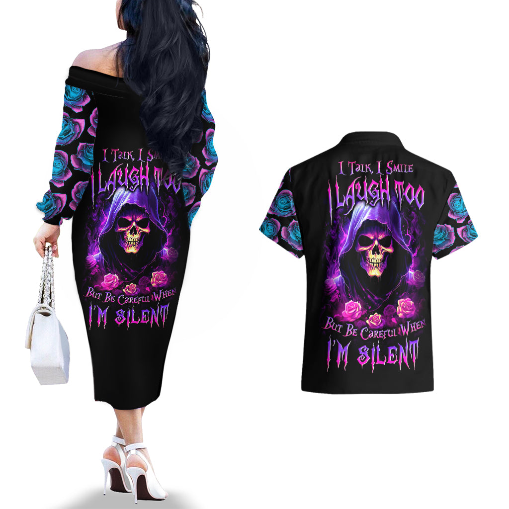 Purple Skull Couples Matching Off The Shoulder Long Sleeve Dress and Hawaiian Shirt I Talk I Smile But Be Carefull When I SIlent - Wonder Print Shop