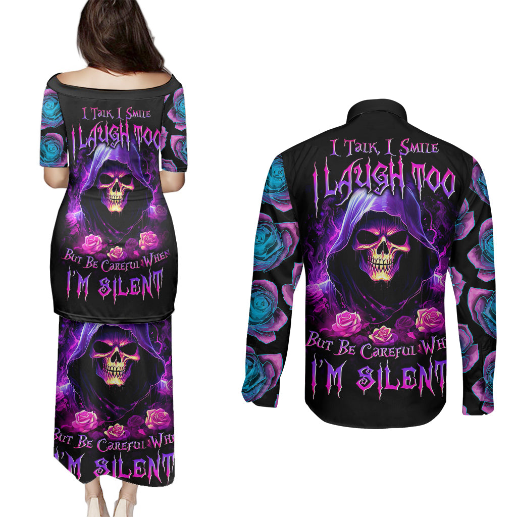 Purple Skull Couples Matching Puletasi Dress and Long Sleeve Button Shirts I Talk I Smile But Be Carefull When I SIlent - Wonder Print Shop