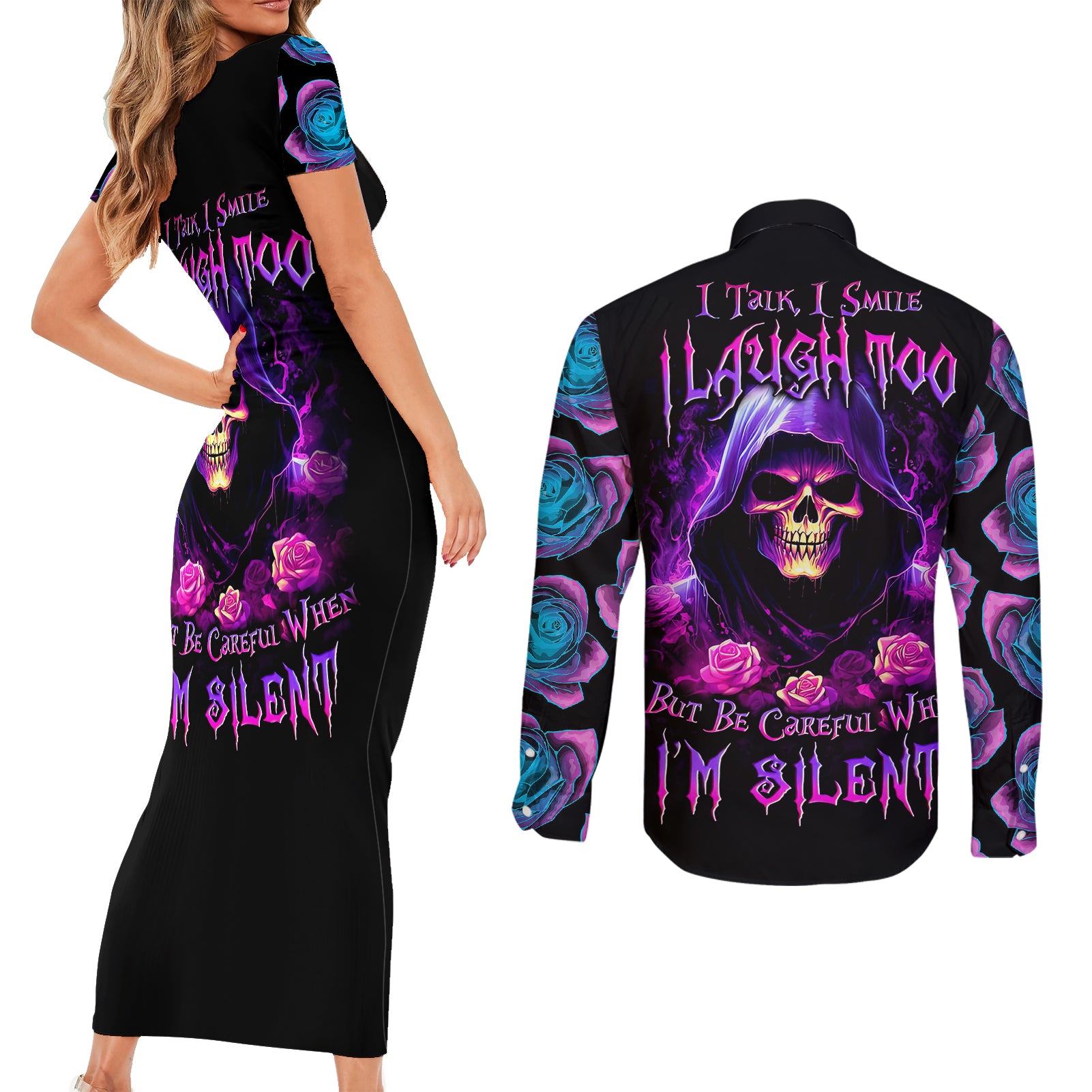 Purple Skull Couples Matching Short Sleeve Bodycon Dress and Long Sleeve Button Shirts I Talk I Smile But Be Carefull When I SIlent - Wonder Print Shop