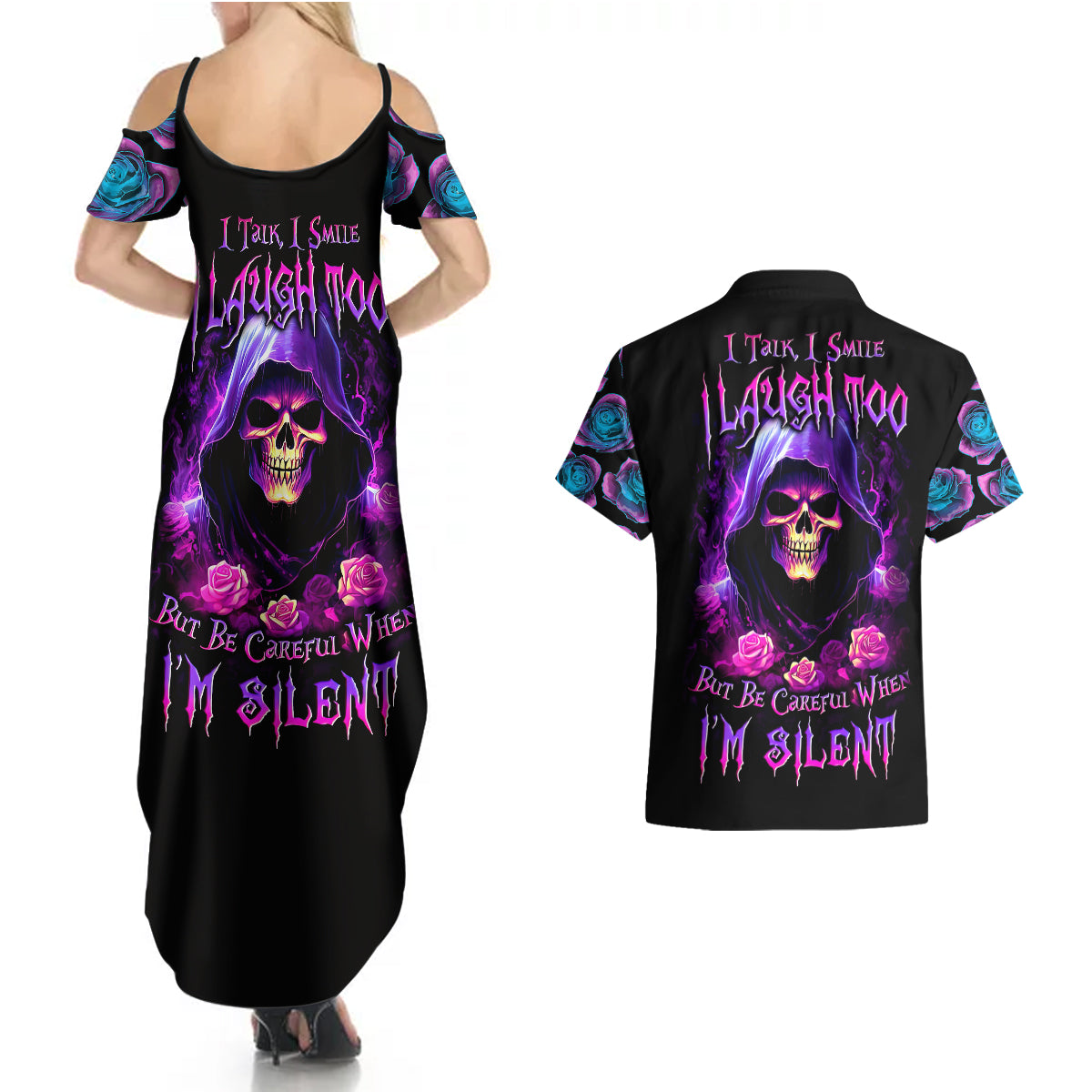 Purple Skull Couples Matching Summer Maxi Dress and Hawaiian Shirt I Talk I Smile But Be Carefull When I SIlent - Wonder Print Shop