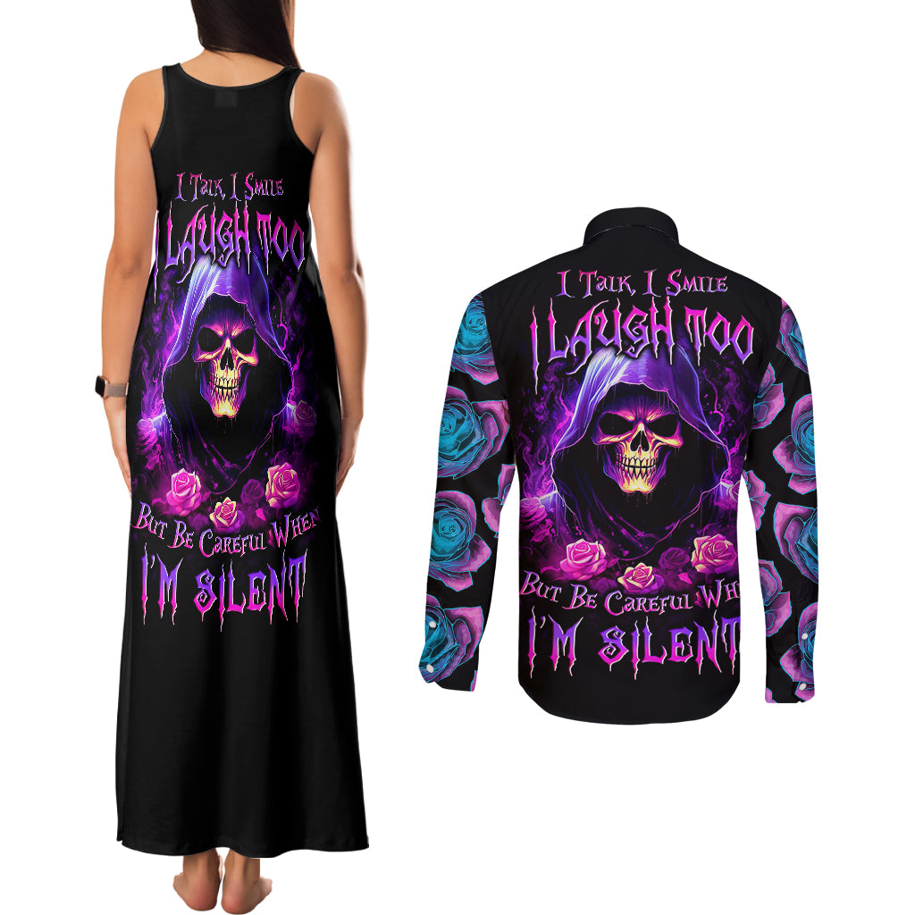 Purple Skull Couples Matching Tank Maxi Dress and Long Sleeve Button Shirts I Talk I Smile But Be Carefull When I SIlent - Wonder Print Shop