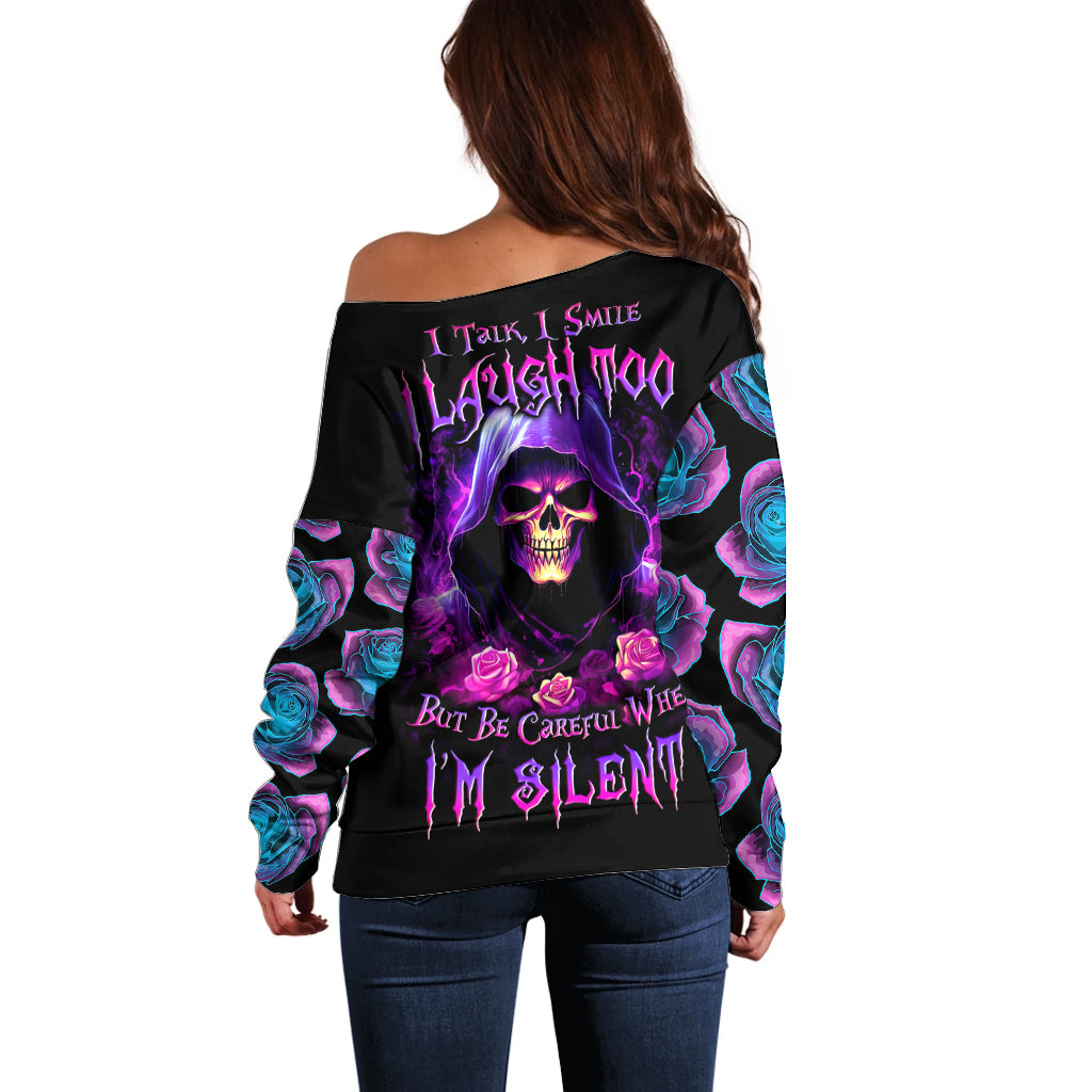 Purple Skull Off Shoulder Sweater I Talk I Smile But Be Carefull When I SIlent - Wonder Print Shop