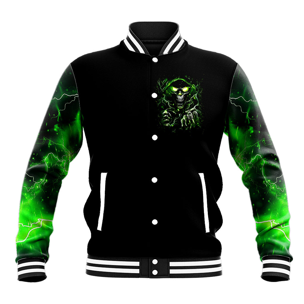 Black unisex baseball jacket, green skull chest graphic, button front and striped collar