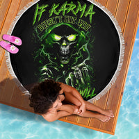 Black round beach blanket with neon green skull and lightning graphic, white fringe edge
