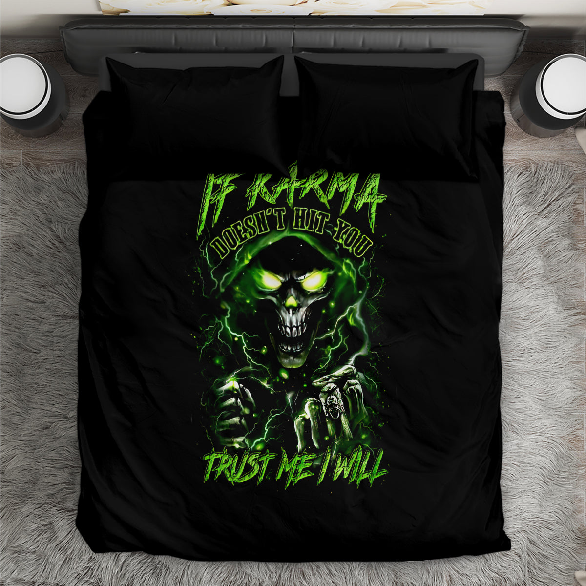 Black bedding set top view with green neon skull text graphic and pillowcases
