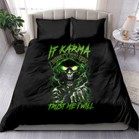 Black bedding set with green neon skull graphic on duvet and matching pillowcases