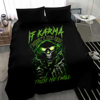 Black duvet cover with green neon skull illustration and matching pillowcases