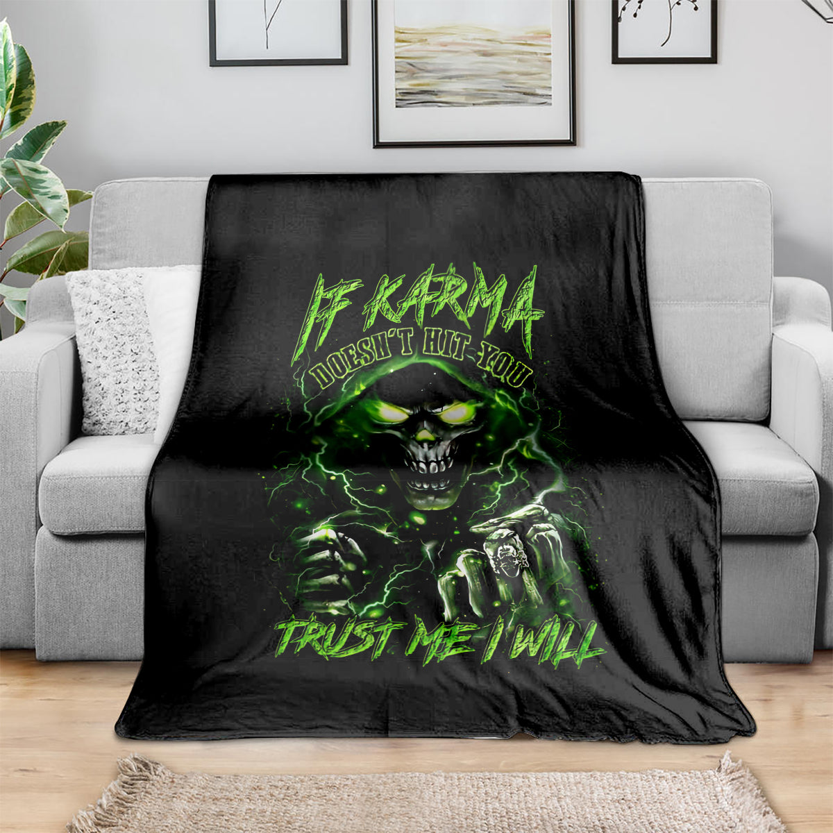 Black skull graphic throw blanket with neon green glowing text and lightning design