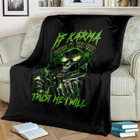 Black draped skull graphic blanket with neon green glow and electric line details