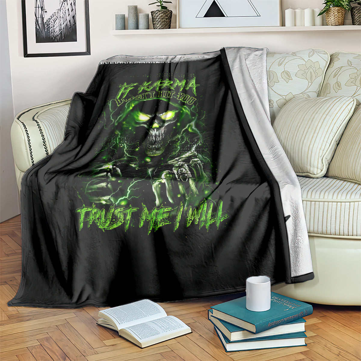 Black skull graphic blanket draped on sofa, neon green glowing text and skull