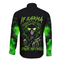 Black long-sleeve button shirt with neon green skull lightning back graphic
