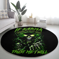 Black round carpet with neon green skull face and clawed hands graphic in center